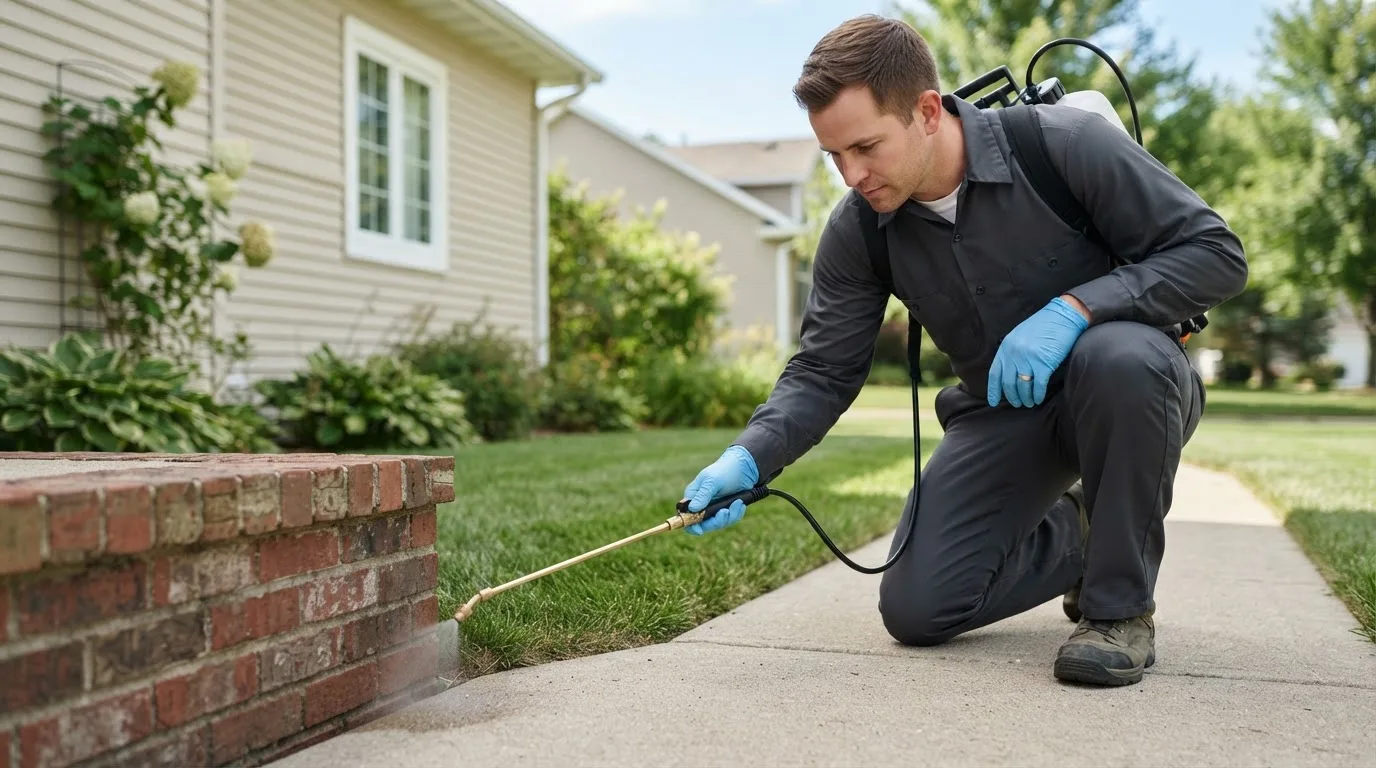 Pest control technician treating a home near Maynard, IA
