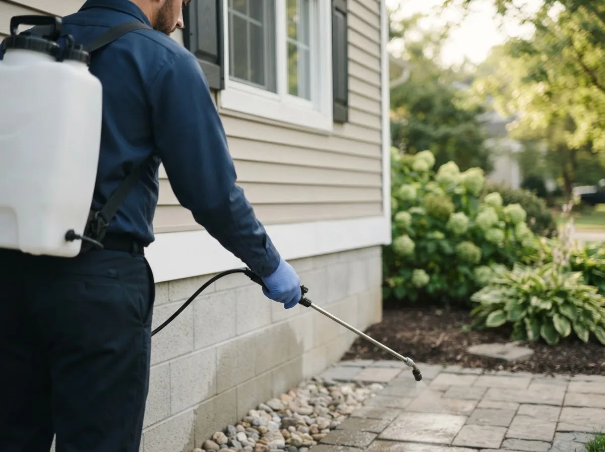 Pest control technician inspecting a home in Maynard, IA